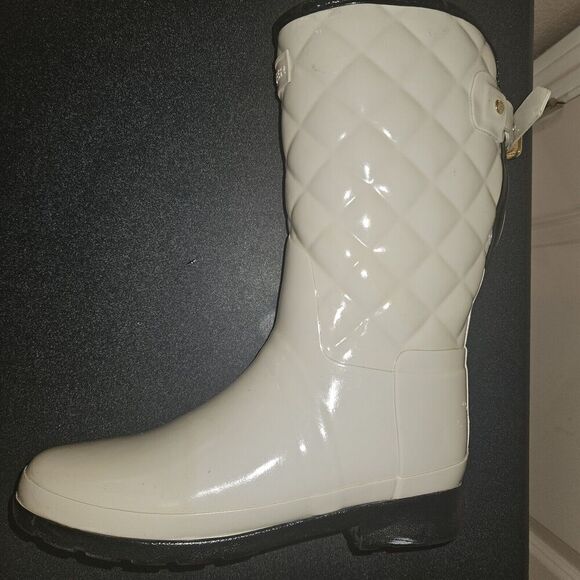 HUNTER Refined Gloss Quilted Rubber Rain Boots Mid Calf US 7 EU 36 Cream - Picture 8 of 15